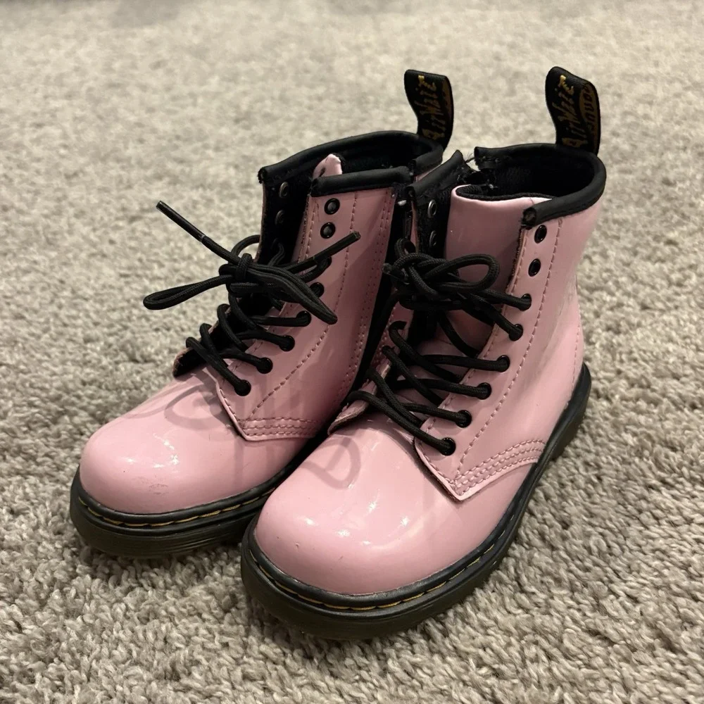 Dr. Martens Patent Leather Pink Toddler Combat Boots - SZ 9c Childs Kids Shoes